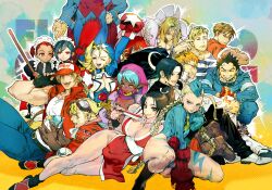 6+boys 6+girls :d absurdres akuma_(street_fighter) aqua_hat aqua_leotard baseball_cap beard_stubble belt black_belt black_dress black_gloves black_hair blonde_hair blue_eyes boxing_gloves braid breasts brown_gloves brown_hair cammy_white capcom capcom_fighting_jam catherine_rain_bilstein cody_travers commentary crossover dark-skinned_female dark_skin darkstalkers demitri_maximoff denim dress edward_fokker english_commentary expressionless facial_hair fatal_fury final_fight fingerless_gloves frown genderswap genderswap_(mtf) glasses gloves goggles goggles_on_head grin guy_(final_fight) hat headband highres ichimonji_batsu jacket jeans juliet_sleeves justice_gakuen kagami_kyousuke killer_bee_cammy kusanagi_kyou large_breasts leotard long_hair long_sleeves luca_(star_gladiator) maid maid_headdress medium_breasts midnight_bliss mini_hat moero!_justice_gakuen moon_print multiple_boys multiple_girls official_art open_mouth orange_eyes orange_hair pants pink_hat pointy_ears power_stone puffy_sleeves red_hair red_hat red_jacket second-party_source shin_akuma shiranui_mai short_hair sitting sleeveless sleeveless_jacket small_breasts smile snk spiked_hair star_gladiator street_fighter street_fighter_zero_(series) stubble tamio terry_bogard the_king_of_fighters tiffany_lords twin_braids white_headband yagami_iori yellow_eyes