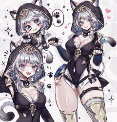 Rule 34 | 1girl, :3, animal ears, animal hood, belt, black leotard, blue eyes, boots, breasts, cat ears, cat girl, cat hood, cat tail, cipher (honkai: star rail), commentary, gold boots, grey hair, highres, honkai: star rail, honkai (series), hood, hooded leotard, large breasts, leotard, mole, mole on breast, multiple views, short hair with long locks, spoken paw print, tail, thigh belt, thigh strap, thighs, tongue, tongue out, usa (usagi minku), white background