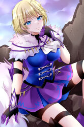 1girl ahoge ascot blonde_hair blue_eyes blue_shirt blush breasts closed_mouth fake_tail fire_emblem fire_emblem_engage fur_sleeves fur_trim gloves highres jacket kirishima_riona looking_at_viewer medium_breasts merrin_(fire_emblem) nintendo pelt shirt short_bangs short_hair shorts shorts_under_skirt skirt smile solo tail white_ascot wolf_tail