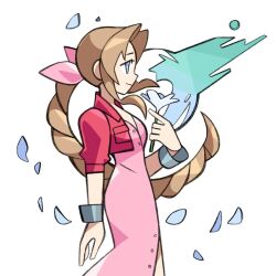 1girl aerith_gainsborough alternate_eye_color bangle blue_flower blue_petals bracelet braid braided_ponytail breasts brown_hair center_opening closed_mouth cropped_jacket dress falling_petals final_fantasy final_fantasy_vii flower hair_ribbon holding holding_flower jacket jewelry light_smile long_dress long_hair medium_breasts meteor parted_bangs petals pink_dress pink_ribbon profile puffy_short_sleeves puffy_sleeves red_jacket ribbon short_sleeves sidelocks single_braid solo starrymarii white_background