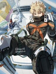 2boys bakugou_katsuki black_bodysuit blonde_hair bodysuit boku_no_hero_academia character_name covered_mouth facial_scar green_hair hair_between_eyes highres ice knee_pads kuby_hq male_focus midoriya_izuku multicolored_hair multiple_boys red_eyes red_hair scar scar_on_cheek scar_on_face short_hair sparkle spiked_hair superhero_costume todoroki_shoto twitter_username two-tone_hair white_hair