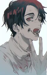 1boy absurdres black_eyes black_hair facial_tattoo greyscale high_collar highres jacket jujutsu_kaisen jujutsu_tech_uniform koujisako looking_at_viewer male_focus monochrome okkotsu_yuuta open_mouth school_uniform short_hair simple_background solo tattoo tongue tongue_out tongue_tattoo upper_body white_background white_jacket