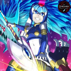 1boy 1girl android artist_name attack blue_eyes blurry blurry_background breasts bubble clenched_teeth commentary crop_top dated day dragon english_commentary english_text feet_out_of_frame gloves hand_on_another&#039;s_crotch head_out_of_frame helmet holding holding_polearm holding_weapon ice ice_dragon fairy_leviathan_(mega_man) looking_at_viewer lying medium_breasts mega_man_(series) mega_man_zero_(series) open_mouth polearm red_eyes robot robot_girl signature spear straddling teeth thighhighs underwater upper_body user_hnyw5285 water weapon white_gloves zero(z)_(mega_man) zero_(mega_man)