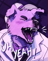 1boy absurdres animal_ears barking blush bow bowtie closed_eyes coat commentary dog_boy dog_ears dog_nose eerizon english_commentary english_text facing_to_the_side fangs folded_ear furry furry_male hat highres male_focus notice_lines open_mouth purple_background purple_bow purple_bowtie purple_fur smile uhyeah_(youtuber) whiskers white_coat white_hat youtube
