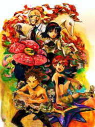 2boys 2girls bald blaine_(pokemon) brock_(pokemon) brown_hair denim denim_shorts erika_(pokemon) facial_hair fiery_hair fire gen_1_pokemon geodude glasses green_eyes gym_leader hairband highres midriff misty_(pokemon) multiple_boys multiple_girls mustache nintendo orange_hair petals pokemon pokemon_(creature) pokemon_adventures ponytail rapidash shinoasa short_hair shorts side_ponytail starmie topless_male vileplume