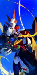 Rule 34 | 2boys, absurdres, android, armor, axl (mega man), black armor, blonde hair, blue background, brown hair, carrying, carrying person, chest jewel, cross scar, finger on trigger, forehead jewel, gun, helmet, highres, holding, holding gun, holding weapon, long hair, male focus, mega man (series), mega man x (series), multiple boys, red armor, red helmet, scar, scar on face, simple background, spiked hair, wawadochi, weapon, zero (mega man)