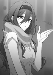 1girl breasts commentary_request eyes_visible_through_hair hair_between_eyes hand_up long_hair looking_at_viewer mole mole_under_eye motion_lines novel_illustration official_art open_mouth scarf second-party_source shirt short_sleeves sitting solo tomari_(veryberry00) tomodachi_no_imouto_ga_ore_ni_dake_uzai upper_body