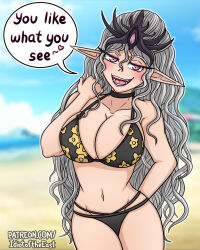 1girl arm_behind_back bikini black_bikini black_choker blurry blurry_background breasts choker cleavage collarbone commentary contrapposto cosplay english_commentary english_text female_focus floral_print grey_hair groin highres idiot_of_the_east kitagawa_marin kitagawa_marin_(cosplay) large_breasts long_hair multi-strapped_bikini_bottom navel patreon_username pink_eyes pointy_ears slaanesh solo sono_bisque_doll_wa_koi_wo_suru swimsuit very_long_hair warhammer_40k watermark wavy_hair web_address