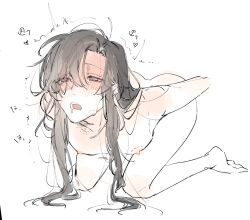 1boy ahoge alternate_hairstyle anal barefoot bite_mark black_hair blush completely_nude drooling full-face_blush grey_eyes gymnasium119 hair_down heart implied_sex implied_yaoi kneeling long_hair male_focus messy_hair modao_zushi nipples nude open_mouth pectorals saliva sex sex_from_behind sidelocks simple_background sketch solo sweat tears teeth trap trembling wei_wuxian white_background