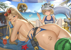 3girls absurdres ass bandaid bandaid_on_face bandaid_on_nose bikini blonde_hair blue_bikini blue_hair blue_one-piece_swimsuit blue_sky centi_(nikke) centi_(ocean_repair)_(nikke) elegg_(boom_and_shock)_(nikke) elegg_(nikke) eyewear_on_head food fruit goddess_of_victory:_nikke heart heart-shaped_eyewear highres liter_(guardfish)_(nikke) liter_(nikke) long_hair looking_at_viewer multiple_girls non-humanoid_robot ocean official_alternate_costume one-piece_swimsuit outdoors robot robot_animal school_swimsuit short_hair sky sunglasses swimsuit tan tanline toolbox volt_(nikke) watermelon yellow_eyes yijie_xianyu