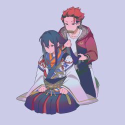 2boys asa_no_ha_(pattern) bellflower black_hair brushing_another&#039;s_hair brushing_hair chinese_bellflower collarbone comb crescent earrings ensemble_stars! floral_print flower full_body gold_trim grey_background hair_between_eyes hair_down hair_intakes hakama hand_in_another&#039;s_hair hands_on_lap hatena_to_kinoko highres hood hoodie jacket japanese_clothes jewelry kanzaki_souma kimono kiryu_kuro kneeling layered_clothes layered_kimono long_hair long_sleeves looking_at_another male_focus multicolored_hair multiple_boys multiple_earrings no_nose obi open_clothes open_jacket pants purple_eyes purple_hair red_hair red_ribbon ribbon sash seiza shirt sidelocks simple_background sitting smile spiked_hair sweatpants tassel track_suit white_shirt wide_sleeves