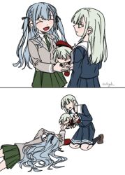2girls a_jak bang_dream! bang_dream!_it&#039;s_mygo!!!!! biting_another&#039;s_finger black_ribbon blue_hair blue_shirt blue_skirt closed_eyes closed_mouth doll green_hair green_necktie green_skirt grey_jacket hair_ribbon haneoka_school_uniform hat highres holding holding_doll jacket kneeling long_hair looking_at_another mortis_(bang_dream!) mortis_(costume)_(bang_dream!) mortis_(persona)_(bang_dream!) multiple_girls necktie open_mouth pleated_skirt red_hat ribbon school_uniform shirt simple_background skirt smile sweatdrop two_side_up wakaba_mutsumi wakaba_mutsumi_(doll) white_background white_shirt