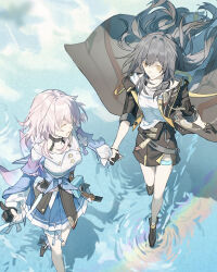 2girls ankle_boots archery_shooting_glove black_boots black_choker black_coat black_gloves black_overskirt black_skirt blue_boots blue_jacket blue_skirt boots bra_strap breasts buttons camera chinese_commentary choker closed_eyes closed_mouth coat commentary_request cropped flower_ornament front_slit full_body gloves gradient_clothes gradient_jacket grey_hair high_heel_boots high_heels highres holding_hands honkai:_star_rail honkai_(series) index_finger_raised jacket long_hair long_sleeves march_7th_(honkai:_star_rail) march_7th_(preservation)_(honkai:_star_rail) medium_breasts medium_hair miniskirt multicolored_boots multiple_girls off-shoulder_jacket off_shoulder open_clothes open_coat open_mouth overskirt partially_fingerless_gloves pink_hair pink_jacket pleated_skirt qingxinguayu. shirt single_glove skirt smile stelle_(honkai:_star_rail) thigh_strap tied_jacket trailblazer_(honkai:_star_rail) two-tone_boots underbust white_shirt yellow_eyes