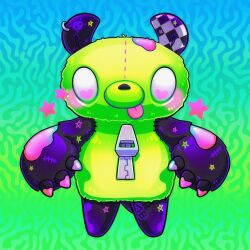 animal animal_focus animal_nose bear claws commentary cosplay english_commentary full_body gir_(dog_costume)_(invader_zim) gir_(invader_zim) gir_(invader_zim)_(cosplay) gloomy_bear green_background green_theme highres invader_zim itazuraguma_no_gloomy no_humans plushunagi solo standing stitches tongue tongue_out white_eyes zipper