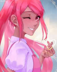 Rule 34 | 1girl, absurdres, blush, bow, dark-skinned female, dark skin, dress, finger heart, highres, idawnrunner, long hair, looking at viewer, omori, one eye closed, perfectheart (omori), pink eyes, pink hair, puffy short sleeves, puffy sleeves, shirt, short sleeves, smile, twintails, white shirt