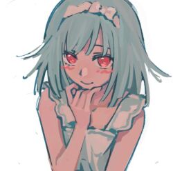 1girl aqua_hair closed_mouth dress hand_up kishimen_hair long_hair looking_at_viewer lowres monogatari_(series) red_eyes sengoku_nadeko simple_background sleeveless sleeveless_dress smile solo sonnambulo777 white_background white_dress