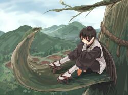 Rule 34 | 1boy, alternate costume, axis powers hetalia, baggy pants, black eyes, black hair, black hat, black pants, black shirt, blue sky, branch, brown shoes, clenched hand, closed mouth, cloud, cloudy sky, commentary request, day, empty eyes, feathered wings, full body, geta, half-closed eyes, hand on own face, hand up, hat, japan (hetalia), japanese clothes, leaf, long sleeves, looking at viewer, male focus, maple leaf, mountain, outdoors, pants, pom pom (clothes), shirt, shoes, short hair, sitting, sky, socks, solo, tamaki (q tamaki), tengu, tengu-geta, tokin hat, tree, vest, white socks, white vest, wide sleeves, wings