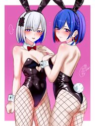 ... 2girls absurdres animal_ear_hairband animal_ears aqua_nails ass backless_leotard bare_shoulders black_leotard blue_eyes blue_hair blush border bow bowtie braid breasts bright_pupils cevio cleavage clothing_cutout colored_inner_hair commentary_request covered_navel cowboy_shot cutout_above_navel detached_collar earrings fake_animal_ears fingernails fishnet_pantyhose fishnets floating_earring from_behind hair_ornament hairband hand_on_own_chest heart_cutout highleg highleg_leotard highres jewelry kamitsubaki_studio kizakura_art leotard looking_at_viewer median_furrow medium_breasts multicolored_hair multiple_girls pantyhose pink_background playboy_bunny rabbit_ear_hairband rabbit_ears rabbit_tail red_bow red_bowtie red_hair rim_(kamitsubaki_studio) rime_(cevio) short_hair shoulder_blades side_braid signature single_braid straight_hair strapless strapless_leotard tail tongue tongue_out two-tone_hair virtual_youtuber white_border white_hair white_wrist_cuffs wrist_cuffs