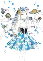 Rule 34 | 1girl, 3others, 922pochan, abstract, aqua ribbon, aqua scrunchie, bare shoulders, black corset, blue skirt, blunt bangs, breasts, collared shirt, commentary request, contrapposto, corset, dot nose, feet out of frame, fish, flower wreath, frilled shirt collar, frills, hand up, highres, jupiter (planet), light frown, long hair, long sidelocks, looking at another, masking tape (medium), medium skirt, mixed media, mole, mole under eye, multiple others, neck ribbon, original, pink hair, planet, red eyes, red nails, ribbon, saturn (planet), scrunchie, shirt, sidelocks, skirt, small breasts, solo focus, standing, swept bangs, traditional media, unconventional media, white background, white shirt, wrist scrunchie