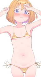 1girl :3 absurdres alice_margatroid arms_up bikini blonde_hair blue_eyes blush breasts closed_mouth commentary_request cookie_(touhou) covered_erect_nipples cowboy_shot gold_bikini highres looking_at_viewer micro_bikini navel pyukasshori short_hair side-tie_bikini_bottom simple_background small_breasts smile solo swimsuit taisa_(cookie) touhou v-shaped_eyebrows white_background