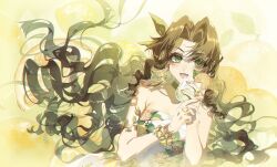 1girl aerith_gainsborough aerith_gainsborough_(citric_dress) armlet bare_shoulders bracelet breasts brown_hair choker cleavage cup dress earrings final_fantasy final_fantasy_vii final_fantasy_vii_ever_crisis food-themed_earrings food_print food_themed_earrings fruit_background fruit_print green_eyes green_ribbon hair_between_eyes hair_ribbon highres holding holding_cup jewelry kieta long_dress long_hair looking_at_viewer mandarin_orange_slice medium_breasts multiple_rings official_alternate_costume open_mouth orange-shaped_earrings orange_background orange_print own_hands_together parted_bangs print_dress ribbon ring sidelocks smile solo strapless strapless_dress tropical_drink upper_body wavy_hair