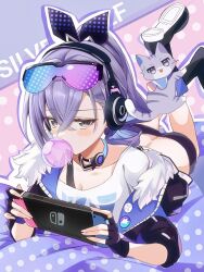 1girl black_boots black_gloves black_jacket black_shorts boots bubble cat collarbone commentary_request fingerless_gloves fur-trimmed_jacket fur_trim gloves goggles goggles_on_head gradient-tinted_eyewear grey_eyes grey_hair handheld_game_console headphones highres holding holding_handheld_game_console honkai:_star_rail honkai_(series) jacket long_hair lying nintendo nintendo_switch on_stomach ponytail saint_laurent_paris shirt shorts silver_wolf_(honkai:_star_rail) single_strap solo tinted_eyewear white_shirt