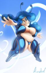 Rule 34 | 1girl, absurdres, aivrotsiel, alien, belly, blue hair, breasts, eleth edelhaas (aivrotsiel), fat, fat woman, highres, large breasts, latex, original, rabbit ears, shortstack, solo, thick eyebrows, thick thighs, thighs