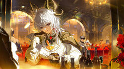 1boy 1girl abby_(wuthering_waves) bar_(place) black_gloves black_hair black_jacket bottle breasts center_frills commentary_request corset cup curled_horns dress_shirt drinking_glass earrings frills gem gloves highres holding holding_cup horns indoors jacket jacket_on_shoulders jewelry large_breasts male_rover_(wuthering_waves) mole mole_under_eye red_eyes red_gemstone rover_(wuthering_waves) shirt short_hair smile table tomanattsu white_shirt wide_sleeves wuthering_waves yellow_eyes zani_(wuthering_waves)