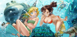 2girls 5boys bikini blonde_hair blue_eyes breasts brown_eyes brown_hair cleavage crab diving eel english_text fio_germi fish flippers g-mantle harpoon kasamoto_eri large_breasts marco_rossi metal_slug moray_eel multiple_boys multiple_girls navel official_art ponytail senno_aki small_breasts snk snorkel submarine swimsuit tarma_roving underwater watercraft