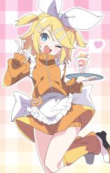 1girl absurdres apron aqua_eyes bad_tag blonde_hair blush bow breasts drink eyelashes fang gradient_background hair_bow hair_ornament hairclip head_tilt heart highres holding holding_drink holding_plate hutaba_haru jacket jumping kagamine_rin leg_warmers looking_at_viewer medium_hair miniskirt one_eye_closed open_mouth orange_jacket orange_leg_warmers orange_skirt pastel_colors pink_background pink_pupils plaid_background plate short_twintails skirt small_breasts smile solo sweatsuit swept_bangs twintails v vocaloid waist_apron white_apron white_bow white_sneakers yellow_background zipper zipper_pull_tab