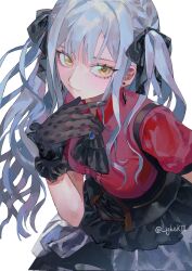 1girl ascot bang_dream! bang_dream!_it&#039;s_mygo!!!!! black_ascot black_corset black_gloves black_ribbon blue_brooch blue_hair center-flap_bangs closed_mouth collared_shirt corrupted_twitter_file corset cross-laced_clothes cross-laced_corset earrings frilled_skirt frilled_wrist_cuffs frills gloves hair_ribbon hand_up hashtag-only_commentary highres jewelry kinayone layered_skirt long_sidelocks looking_at_viewer oblivionis_(bang_dream!) playing_with_own_hair red_shirt ribbon shirt short_sleeves shoulder_strap sidelocks simple_background skirt solo three_quarter_view togawa_sakiko twirling_hair twitter_username two_side_up white_background wrist_cuffs yellow_eyes