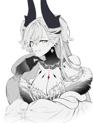 1girl absurdres breasts cleavage commentary demon_girl demon_horns english_commentary fate/grand_order fate_(series) green_eyes grey_hair highres horns large_breasts lilith_(fate) lilith_(third_ascension)_(fate) long_hair rima61959 skeletal_hand snake solo