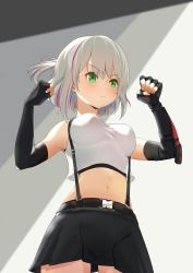 1girl belt black_belt black_gloves black_skirt breasts clenched_hands commentary cosplay crop_top elbow_gloves english_commentary final_fantasy final_fantasy_vii fingerless_gloves frown gloves green_eyes grey_background grey_hair kumaha medium_breasts midriff miyu_ottavia multicolored_hair navel nijisanji nijisanji_id purple_hair skirt solo streaked_hair suspenders tifa_lockhart tifa_lockhart_(cosplay) v-shaped_eyebrows virtual_youtuber white_background