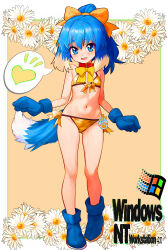 1girl absurdres animal_ears bikini blue_boots blue_eyes blue_gloves blue_hair blush boots bow breasts dog_ears dog_girl dog_tail flower full_body gloves gluteal_fold gold_bikini hair_bow heart highres inu-t legs long_hair navel nt-tan open_mouth os-tan ponytail ribbon side-tie_bikini_bottom small_breasts smile solo spoken_heart standing stomach swimsuit tail thighs tsukiyono_aroe windows_logo yellow_ribbon