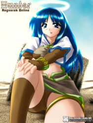 1girl 2000s_(style) blue_eyes blue_hair blush breasts brown_gloves brown_shirt brown_shorts brown_skirt brown_socks character_name closed_mouth commentary_request copyright_name crop_top cropped_jacket elbow_gloves feet_out_of_frame fingerless_gloves gloves glowing glowing_halo halo hands_on_own_knee hunter_(ragnarok_online) jacket long_hair looking_at_viewer medium_breasts midriff miniskirt navel ragnarok_online shirt short_shorts short_sleeves shorts shorts_under_skirt sitting skirt smile socks solo tatsumi_ray traditional_halo watermark web_address white_halo white_jacket