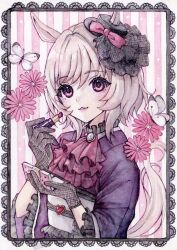 Rule 34 | 1girl, absurdres, applying lipstick, applying makeup, ascot, black gloves, black hat, black shirt, black veil, blue eyes, collared shirt, compact (cosmetics), cosmetics, curren chan (umamusume), ear ornament, ears through headwear, fishnet gloves, fishnets, frilled ascot, frilled sleeves, frills, gloves, grey hair, hair between eyes, hands up, hat, highres, holding compact, layered ascot, long sleeves, mini hat, parted lips, pink hair, red ascot, shirt, short hair, smile, solo, tilted headwear, umamusume, veil, yuika b1ue