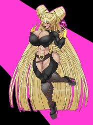 1girl belt bimboannon bimbofication blonde_hair breasts cellphone cleavage convenient_censoring covered_erect_nipples curvy female_focus fingerless_gloves fingernails full_body gloves gyaru high_heels highres huge_breasts lips lipstick long_fingernails long_hair looking_at_viewer makeup muscular muscular_female navel no_panties persona persona_5 persona_5:_the_phantom_x phone solo thick_thighs thighs tomiyama_kayo v very_long_hair wide_hips