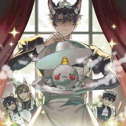 1boy 2girls :o alternate_costume animal_ear_fluff animal_ear_request animal_ears apron ascot biyoo_(omniscient_reader&#039;s_viewpoint) black_dress black_eyes black_hair brown_eyes brown_hair closed_mouth commentary crossdressing curtains dress english_commentary enmaided han_sooyoung highres holding holding_tray juliet_sleeves kim_dokja long_hair long_sleeves looking_at_another maid maid_apron maid_headdress male_focus multiple_girls omniscient_reader&#039;s_viewpoint papercider puffy_sleeves serving_dome short_hair small_sweatdrop smoke solo_focus tray very_short_hair white_apron white_ascot window yoo_joonghyuk yoo_sangah