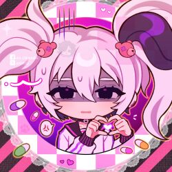 1girl anger_vein anmyu bear_hair_ornament black_choker black_eyes black_hair black_sailor_collar border choker collarbone commentary commission double-parted_bangs double_vertical_stripe empty_eyes english_commentary facebook_logo facebook_username fangs flower_(vocaloid) flower_(vocaloid3) gradient_background hair_between_eyes hair_ornament hands_up heart heart_choker heart_hands heart_in_heart_hands highres lace lace_border long_sleeves looking_at_viewer multicolored_hair musical_note no_pupils orange_outline ornate_border outline outside_border parted_lips pill pink_background pink_outline puffy_long_sleeves puffy_sleeves purple_background round_border sailor_collar shirt solo spoken_anger_vein straight-on streaked_hair sweat turn_pale twintails twitter_username twitter_x_logo two-tone_hair upper_body vocaloid white_hair white_shirt