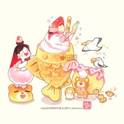 1girl 2024 artist_name bare_arms bear bird black_eyes black_hairband chibi cinnamon_stick copyright_notice cupcake dress duck earrings food food-themed_earrings food-themed_hair_ornament food_themed_earrings fruit gradient_hair hair_ornament hairband heart holding holding_sack ice_cream jewelry long_hair looking_at_food medium_dress motion_lines multicolored_hair original oversized_food oversized_object pink_dress pink_shoes red_hair sack seagull shoes short_sleeves simple_background socks solid_oval_eyes speed_lines sprinkles star_(symbol) straight_hair strawberry strawberry_earrings taiyaki talbi undersized_animal very_long_hair wagashi watermark white_background white_socks