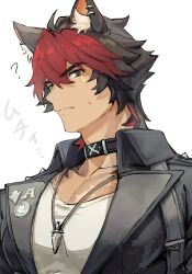 Rule 34 | 1boy, ?, absurdres, ahoge, animal ear fluff, animal ear piercing, animal ears, bara, black collar, black hair, black jacket, closed mouth, collar, collarbone, collared jacket, commentary, ear piercing, english commentary, hair between eyes, highres, jacket, jewelry, komano manato, lapels, large pectorals, leather, leather jacket, looking at viewer, male focus, multicolored hair, necklace, okonon (kado colda), pectorals, piercing, red eyes, red hair, scar, scar across eye, scar on chest, scar on face, serious, shirt, short hair, simple background, solo, split mouth, sweatdrop, translation request, two-tone hair, upper body, v-shaped eyebrows, white background, white shirt, wolf ears, zenless zone zero