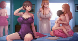 1boy 4girls abubu age_difference ass between_breasts breast_milk breasts breasts_squeezed_together completely_nude face_between_breasts head_between_breasts highres hug huge_breasts lactation large_breasts lingerie mature_female morning multiple_girls negligee nipples nude onee-shota original see-through_clothes shota sitting sitting_on_lap sitting_on_person underwear