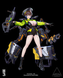 1girl absurdres ammunition armor artist_logo artist_name bare_legs belt belt_buckle beret black_background black_belt black_boots black_gloves black_hat black_leotard black_shoes blue_hair boots breasts brown_hair buckle cleavage covered_navel crazyred cropped_sweater fang gloves green_shrug gun h-3 hat high_heel_boots high_heels highres large_breasts leotard logo looking_at_viewer mechanical_arms multicolored_hair open_mouth original purple_eyes science_fiction shoes shoulder_armor shrug_(clothing) skindentation solo standing sweater weapon