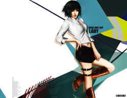 Rule 34 | 1girl, artist name, black hair, black shorts, boots, character name, copyright name, devil may cry (series), hand on own hip, lady (devil may cry), midriff, momokulala, navel, shirt, shorts, thigh strap, white shirt