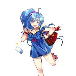 1girl ahoge bag bead_necklace beads black_bra blue_dress blue_eyes blue_hair bra breasts card denim denim_shorts dress frilled_dress frills hair_tie high_heels jewelry large_breasts long_hair necklace off-shoulder_dress off_shoulder one_eye_closed open_mouth pink_shoes poseidon_(uchihime) pumps red_bag rowe shoes shorts shoulder_bag side_ponytail teeth uchi_no_hime-sama_ga_ichiban_kawaii underwear