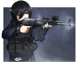 1girl akm assault_rifle black_eyes black_hair black_shirt black_skirt cb_(c-board) firing gun hair_between_eyes hair_ornament hairclip half-closed_eyes highres holding holding_gun holding_weapon kalashnikov_rifle long_sleeves nike_(company) original pleated_skirt puffy_long_sleeves puffy_sleeves rifle shirt short_eyebrows skirt smoke solo thick_eyebrows weapon weapon_request x_hair_ornament