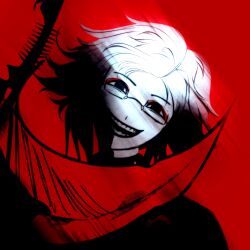 1boy absurdres aotsuki_eito black_eyes creepy glasses highres looking_at_viewer male_focus open_mouth parted_hair red_eyes scythe solo solo_focus the_hundred_line_-last_defense_academy- upper_body white_hair