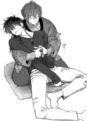 Rule 34 | 2boys, ahoge, arisugawa dice, barefoot, between legs, clipping another&#039;s nails, closed eyes, collarbone, costume request, crossed bangs, cushion, drooling, expressionless, fingernails, full body, greyscale, hair between eyes, hair ornament, hair over shoulder, hand between legs, highres, hypnosis mic, japanese clothes, leaning back, leaning on person, long sleeves, male focus, medium hair, midriff peek, monochrome, motion lines, multiple boys, nail clippers, open mouth, pants, raised eyebrows, seiza, short hair, simple background, sitting, sitting on lap, sitting on person, sleeping, sleeves past wrists, sound effects, sweater, toenails, torn clothes, torn pants, u u, v-neck, white background, wispy bangs, x09cc, yumeno gentaro, zabuton