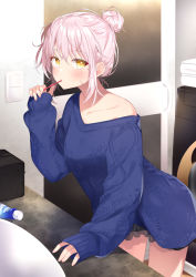 Rule 34 | 1girl, blue sweater, breasts, brushing teeth, collarbone, commentary request, hair between eyes, hair bun, highres, holding, holding toothbrush, indoors, leaning forward, long sleeves, off shoulder, original, pink hair, puffy long sleeves, puffy sleeves, sasahara wakaba, sidelocks, sink, sleeves past wrists, small breasts, solo, sweater, toothbrush, toothpaste, yellow eyes
