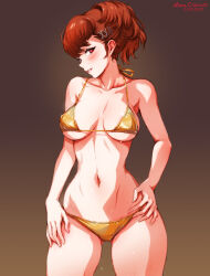 1girl artist_name bare_arms bare_shoulders bikini blush breasts brown_background cleavage collarbone cowboy_shot dated gluteal_fold gradient_background hair_ornament hairclip highres large_breasts mina_cream navel parted_lips persona persona_3 persona_3_portable ponytail red_eyes red_hair shiomi_kotone short_hair smile solo sweat swimsuit x_hair_ornament yellow_bikini